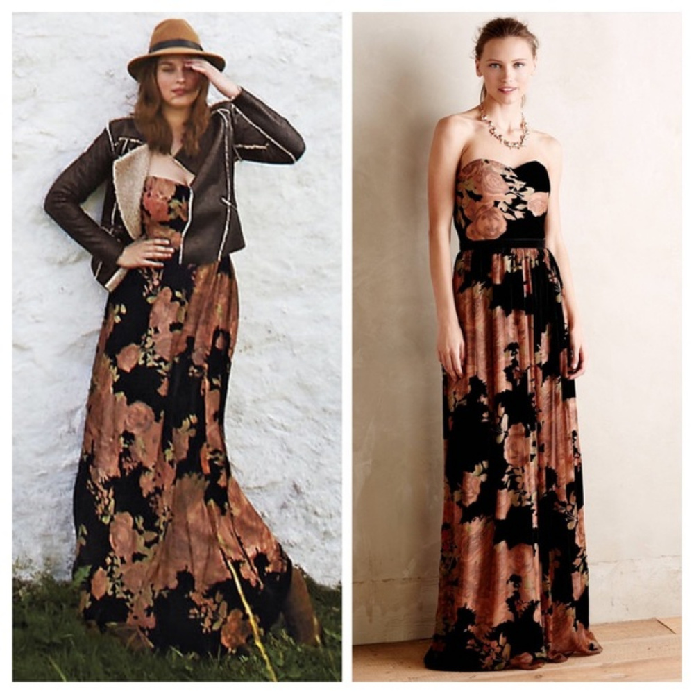 Anthropologie Rosalind Black Velvet Floral Dress